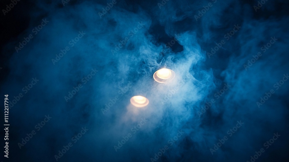 Light sources illuminating blue smoke in a dim environment during an artistic display Light sources illuminating blue smoke in a dim environment during an artistic display