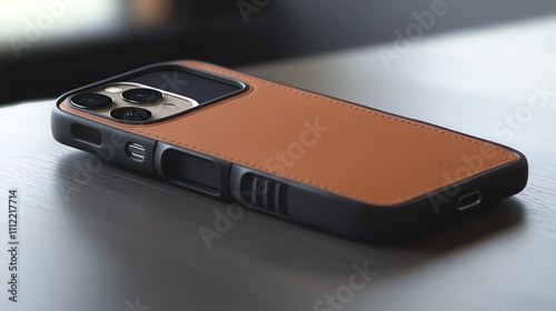 A tan leather phone case with a card slot on a grey surface. photo