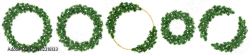 Christmas wreaths with glowing Christmas lights. Golden glitter ring. Christmas tree decoration. Holiday garland. Festive frame, realistic fir-tree branches. Transparent background in vector file