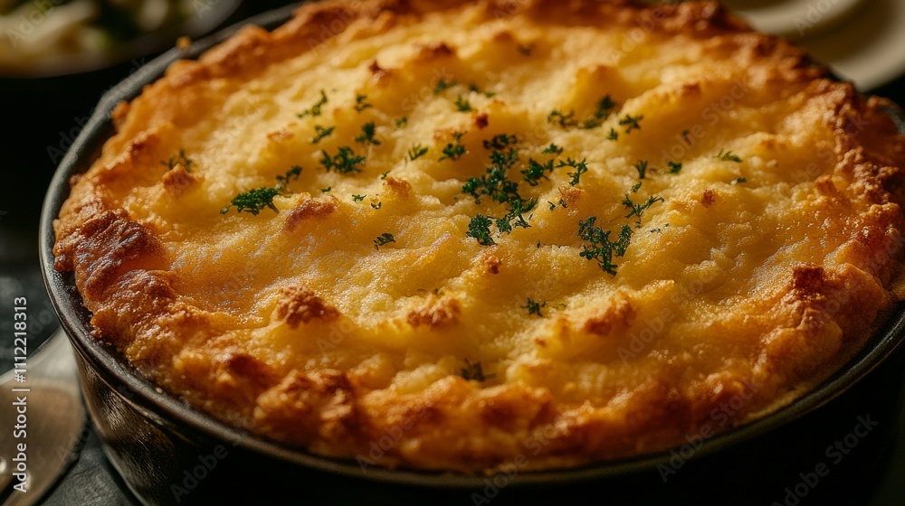 Delicious close-up of hearty shepherd's pie cozy kitchen food photography warm atmosphere gourmet comfort food Delicious close-up of hearty shepherd's pie cozy kitchen food photography warm atmosphere gourmet comfort food