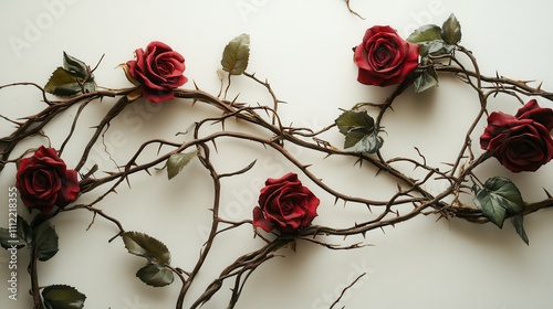 Fototapeta Naklejka Na Ścianę i Meble -  blood red roses on a curly vine, ivy. thorns and green leaves. dry curly branches. toxic relationship.
