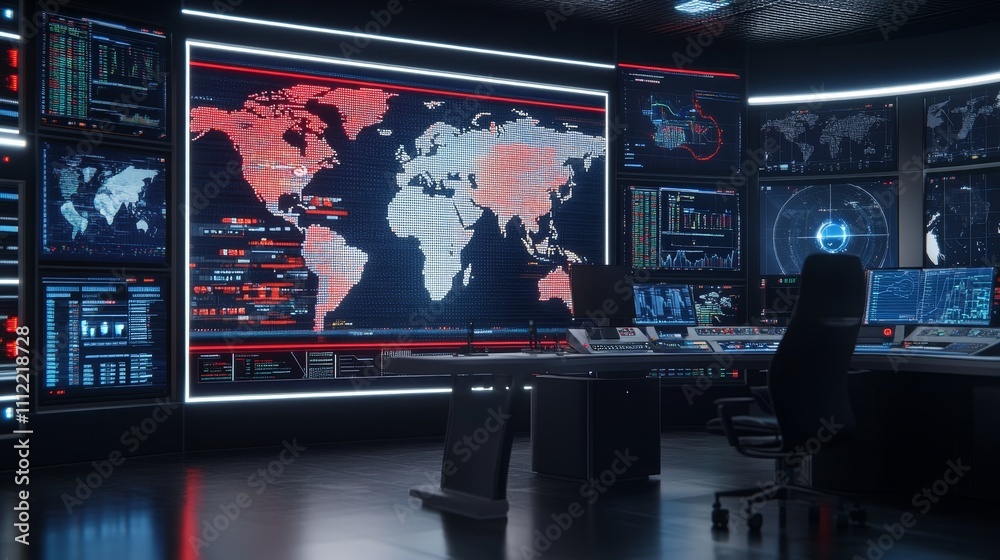 3D rendering of a futuristic news studio with a sleek news desk and high-tech chair, massive LED screen walls displaying global maps and stock market trends, vibrant red, blue, and black lighting,