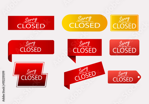 We are closed text, tag, icon, sign, symbol vector template set. Design for business and marketing sign.