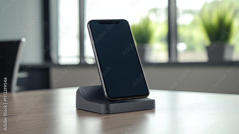 A smartphone sits in a black charging stand on a wooden table. A smartphone sits in a black charging stand on a wooden table.