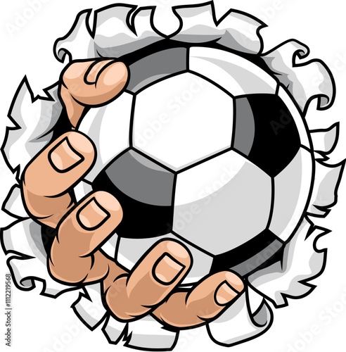 A strong hand holding a soccer football ball tearing through the background. Sports graphic
