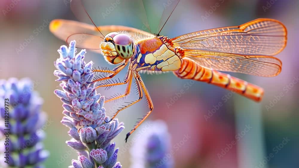 Close-up of a colorful dragonfly on lavender. Close-up of a colorful dragonfly on lavender.
