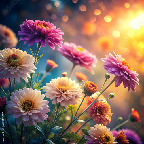 Colorful wildflowers bokeh golden hour garden purple pink orange