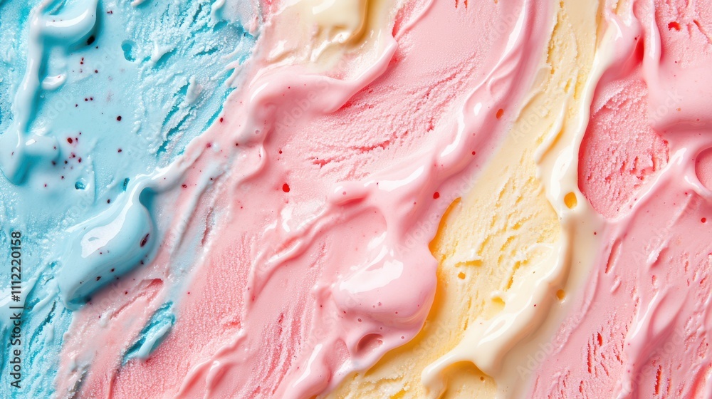 Close-up of a colorful melting ice cream on a flat background, summer, delight, dessert, sweet, cold, treat, refreshing