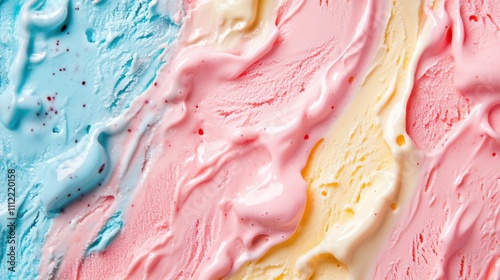 Close-up of a colorful melting ice cream on a flat background, summer, delight, dessert, sweet, cold, treat, refreshing