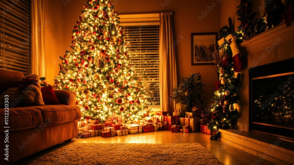 Beautifully Decorated Christmas Tree in Cozy Living Room, Festive Ornaments, Holiday Spirit, Warm Ambiance, Seasonal Celebration Beautifully Decorated Christmas Tree in Cozy Living Room, Festive Ornaments, Holiday Spirit, Warm Ambiance, Seasonal Celebration