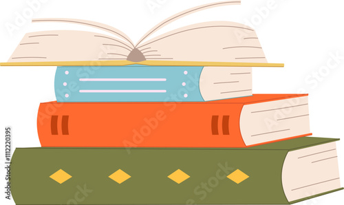 Cute vector illustration stack of books to read. World Book Day. Education concept. Design template with pile of open books. Simple funny clipart isolated on white. Book festival.