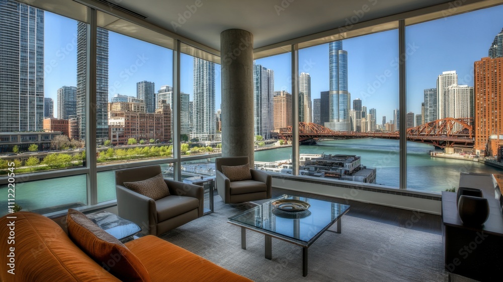 Fototapeta premium Modern Apartment Interior with City View Overlooking River and Bridge