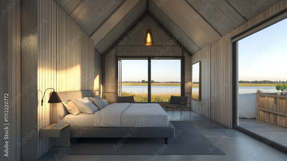 . A panoramic window spans the width of the room, offering an unobstructed view of the serene countryside, flooding the space with natural light. The minimalist decor and muted color palette emphasize