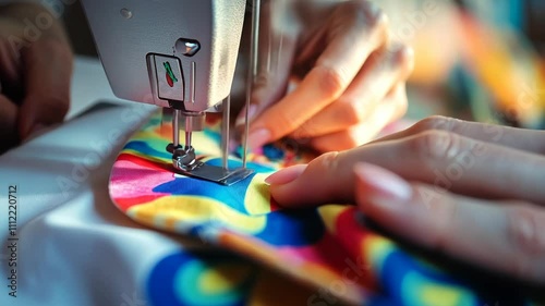 Close-up of a seamstress using a sewing machine.