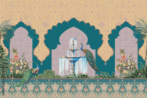 Chinoiserie inspired seamless pattern featuring peacocks, birds, a palace, and a Moroccan garden illustration