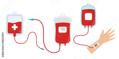 Medical blood bag set in the flat style on white background.