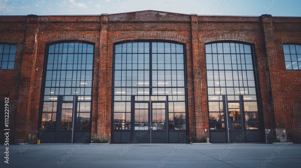 Warehouse building exterior with large, symmetrical windows and wide metal doors, showcasing clean, functional design Warehouse building exterior with large, symmetrical windows and wide metal doors, showcasing clean, functional design