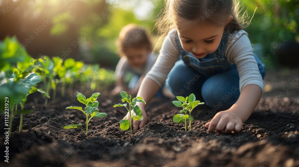 Children Planting Young Seedlings In Garden Soil Children Planting Young Seedlings In Garden Soil
