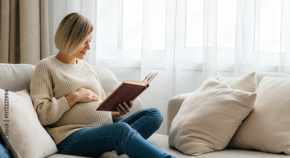 Expectant young caucasian female relaxing with a book in cozy living room setting Expectant young caucasian female relaxing with a book in cozy living room setting