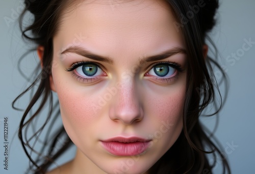 Close-up portrait of a woman with green eyes