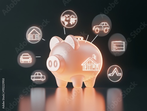 3D icon financial business a glowing piggy bank surrounded by floating financial goal icons such as a house, car, and vacation, reflective black platform with gradient background, soft light effects