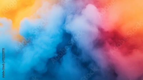 Vibrant smoke swirls in shades of blue, pink, and orange create an abstract pattern