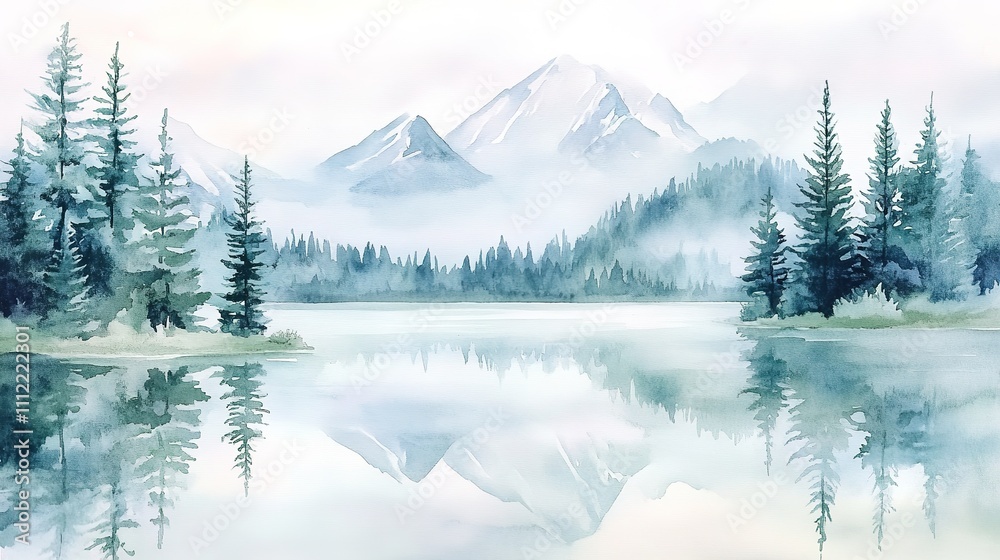 Fototapeta premium Misty mountain landscape with serene lake and forest.