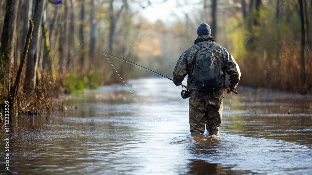 Man Fly Fishing in a Tranquil Forest River Man Fly Fishing in a Tranquil Forest River