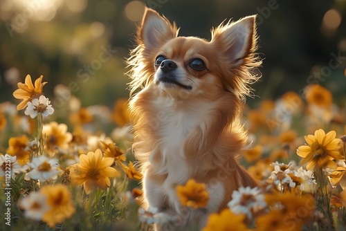 Cute chihuahua sits among vibrant yellow flowers during a sunny afternoon in a colorful garden