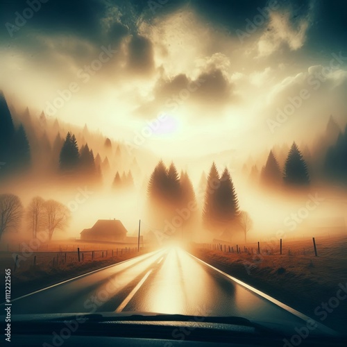 Surreal Foggy Landscape Capture a foggy landscape from a car enh photo