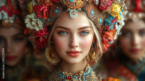 Beauty adorned with colorful flowers and intricate jewelry in a cultural celebration. Generative AI