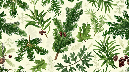 Christmas seamless pattern in engraving style. Vintage. Botanical background with coniferous plants, ferns and berries