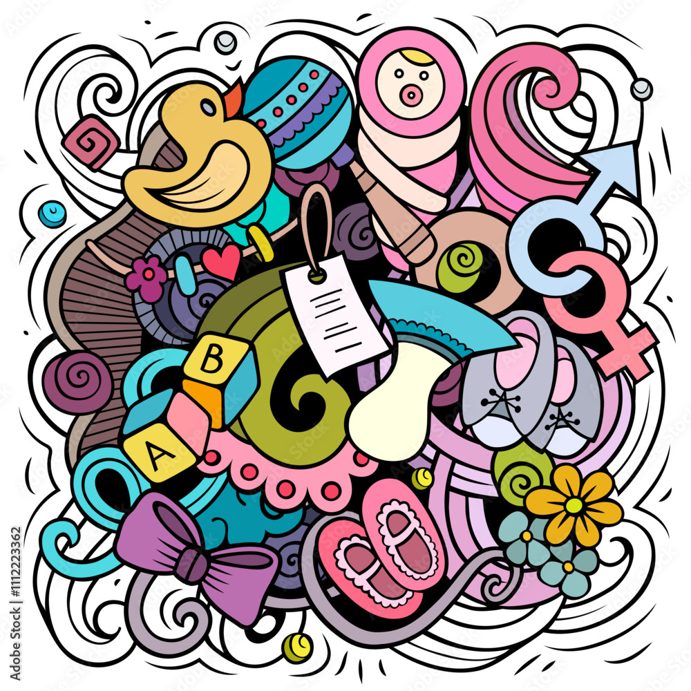 Fototapeta premium Baby cartoon doodle illustration. Funny children design. Creative art vector background. Baby boom elements and objects