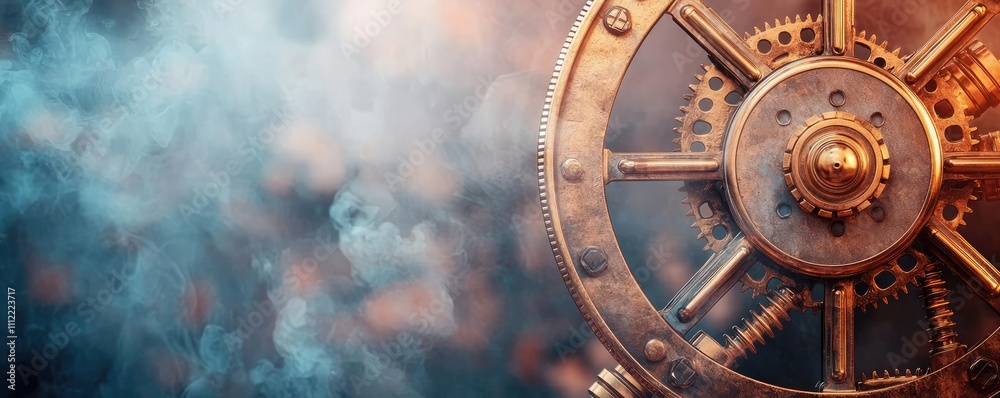 Fototapeta premium Steampunk gear, detailed bronze mechanism with atmospheric smoke in the background.