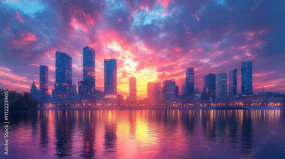 Vibrant sunset cityscape reflected in calm water. Vibrant sunset cityscape reflected in calm water.