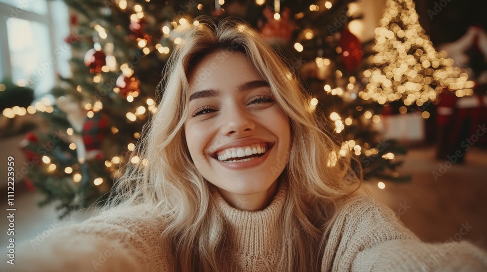 Blonde woman smiling while taking a selfie near a Christmas tree cozy holiday mood soft lighting and warm tones Blonde woman smiling while taking a selfie near a Christmas tree cozy holiday mood soft lighting and warm tones