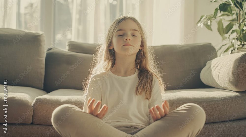 Young girl sitting in a meditative pose on a couch minimalistic living room design calm expression bright neutral tones soft natural daylight Young girl sitting in a meditative pose on a couch minimalistic living room design calm expression bright neutral tones soft natural daylight