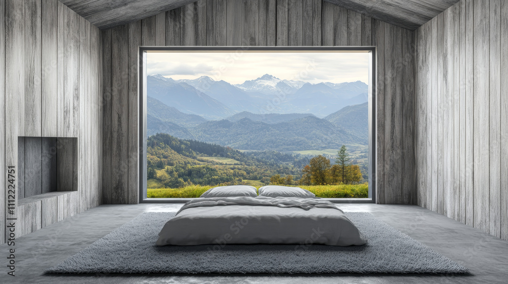 . A panoramic window spans the width of the room, offering an unobstructed view of the serene countryside, flooding the space with natural light. The minimalist decor and muted color palette emphasize . A panoramic window spans the width of the room, offering an unobstructed view of the serene countryside, flooding the space with natural light. The minimalist decor and muted color palette emphasize