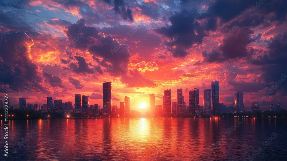 Vibrant sunset over a city skyline reflected in calm water. Vibrant sunset over a city skyline reflected in calm water.