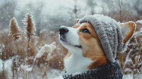 Corgi in beanie enjoying a peaceful snowy day, showcasing minimalist winter pet fashion and nature s beauty. photo