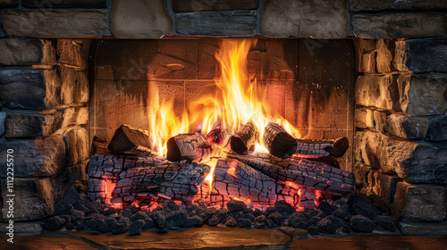 Fiery flames dance and leap from the crackling campfire, casting a warm, orange glow against the dark night sky