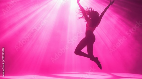 Young woman jumping energetically on a pink background dynamic pose bright tones and sharp lighting