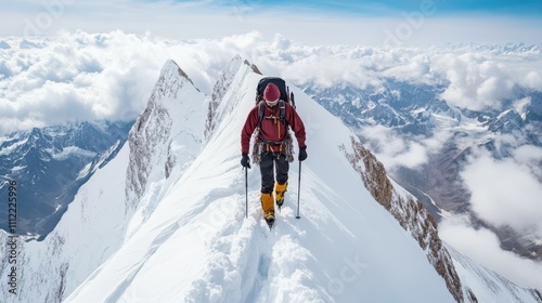 Mountaineer reaches the top of a snowy mountain