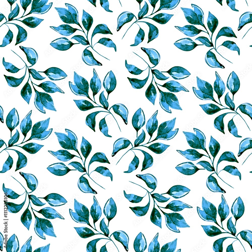Fototapeta premium Seamless delicate watercolor pattern with blue leaves on a white background. Elegant plant design for textiles, packaging, wallpaper and decorative elements.