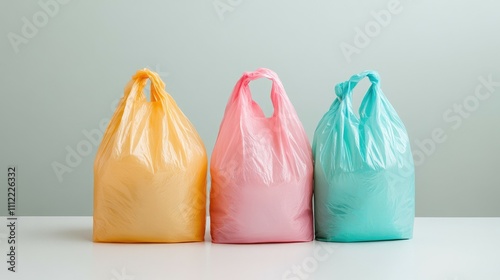 Three pastel plastic bags on white surface.