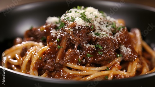 Close-up of gourmet braised beef short rib ragu on spaghetti, food photography