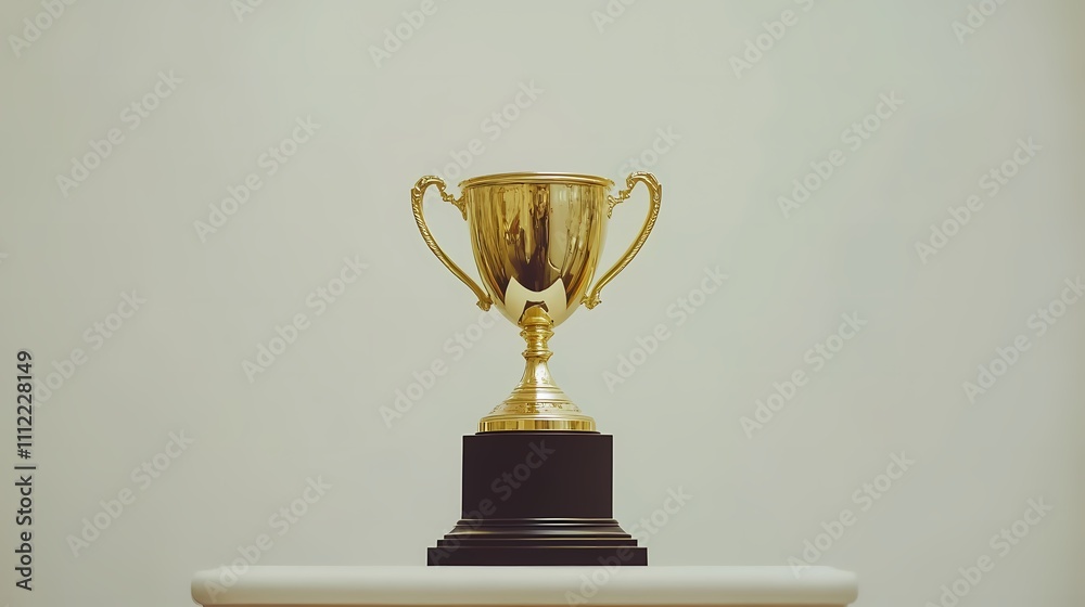 Shiny Golden Trophy on Black Base Displayed on White Table Against Light Background Symbolizing Achievement, Success, and Celebration in Awards and Competitions Shiny Golden Trophy on Black Base Displayed on White Table Against Light Background Symbolizing Achievement, Success, and Celebration in Awards and Competitions