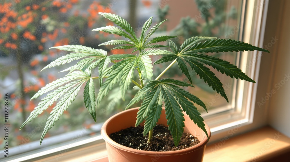 Fototapeta premium Vibrant Cannabis Plant by Window