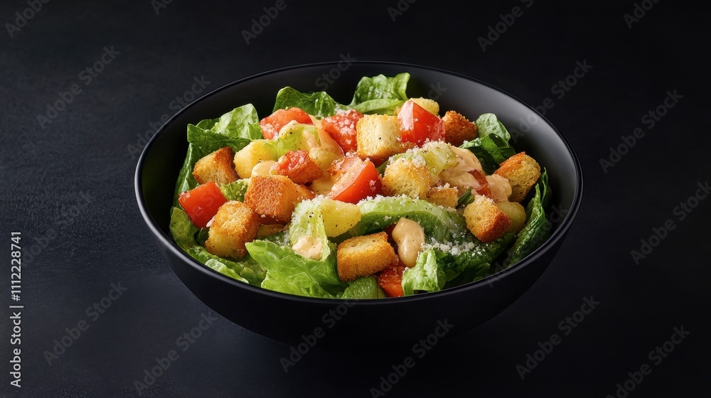 Fresh Salad with Croutons, Tomatoes, and Parmesan Cheese on Dark Background Fresh Salad with Croutons, Tomatoes, and Parmesan Cheese on Dark Background