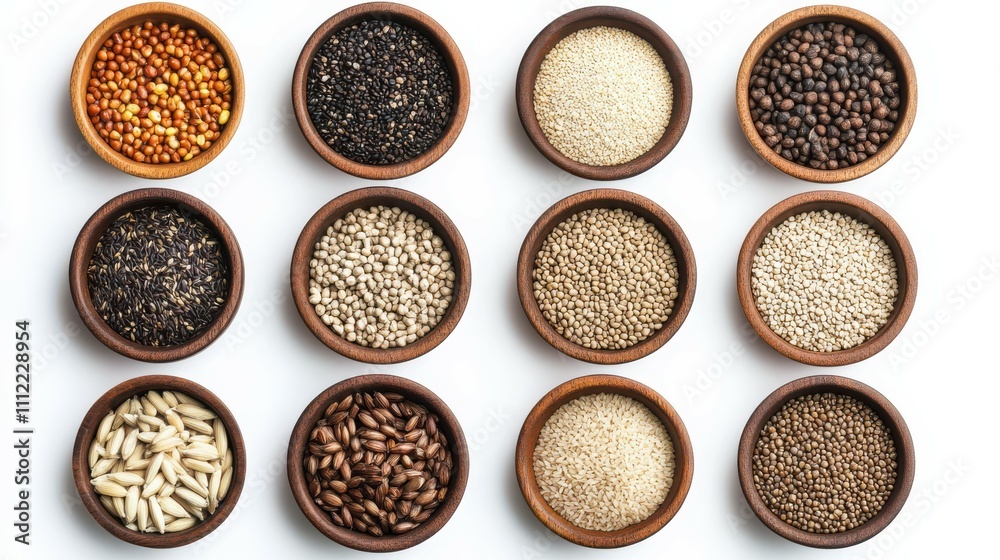 Collection of various grains in bowls isolated on white background, panorama, top view Collection of various grains in bowls isolated on white background, panorama, top view